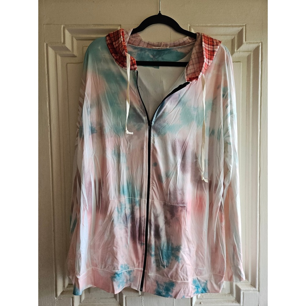 Blumin Apparel Tie Dye Zip Up Hoodie Pink Blue Plaid Hood 2XL T6878 USA Made